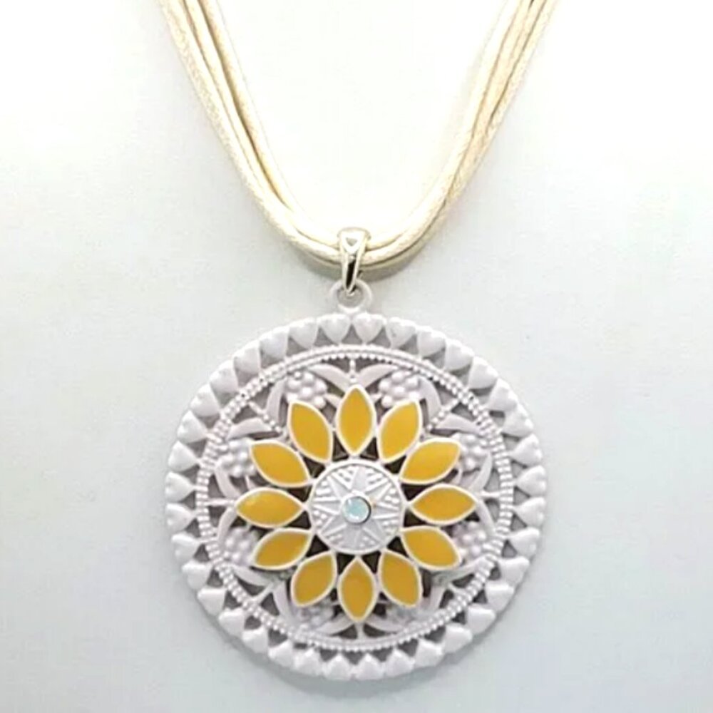 Vintage White & Yellow Enamel Floral Pendant Necklace Off White 5 Strand Cord
